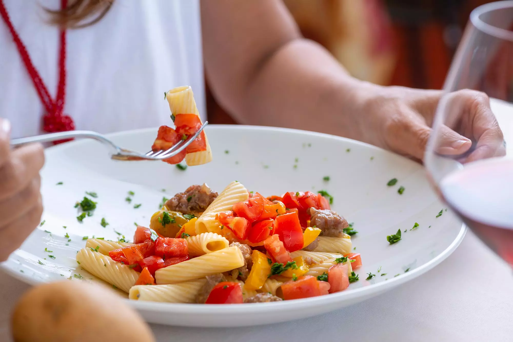 First course with maccheroni with fresh tuna and tomato at the restaurant of the hotel Firenze in Brenzone